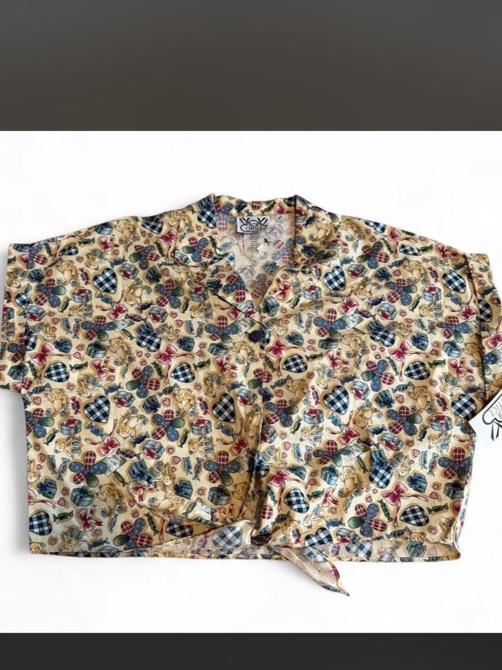 Tie-Front Beige Patterned Blouse with Multicolor Motifs